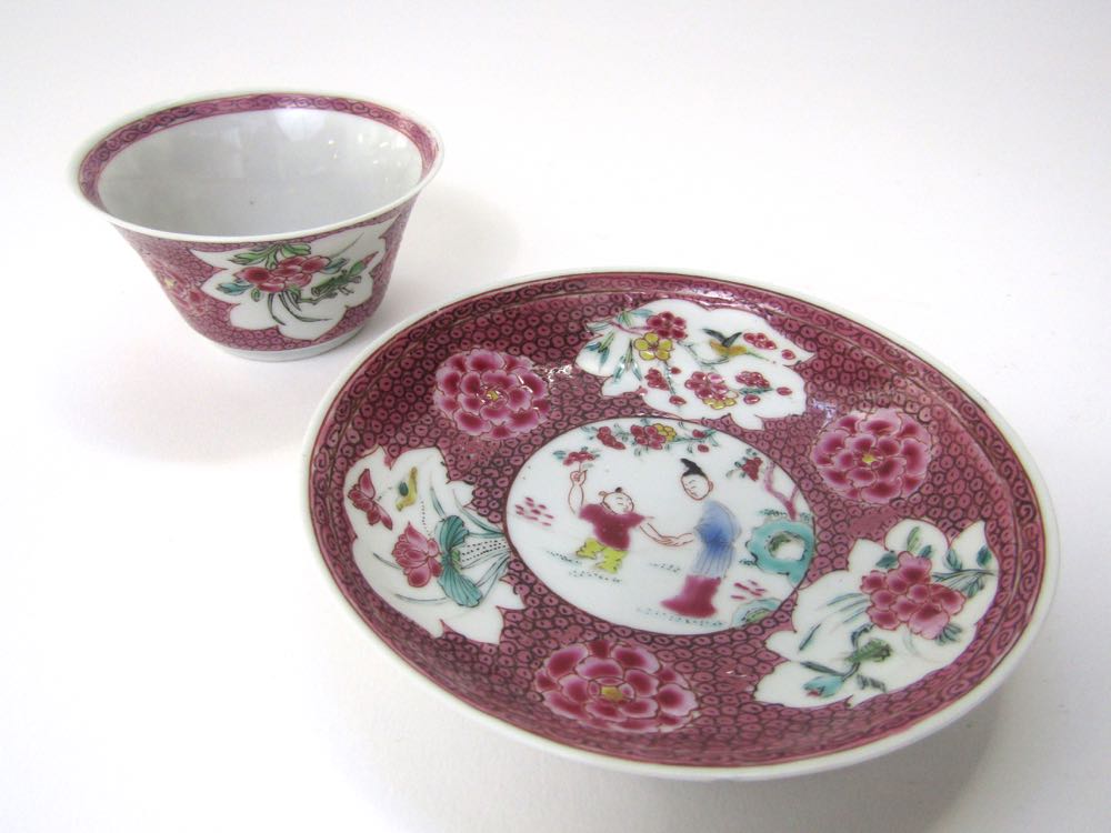 A 19th century Chinese eggshell porcelain tea bowl and saucer with famille rose floral figural - Image 2 of 2