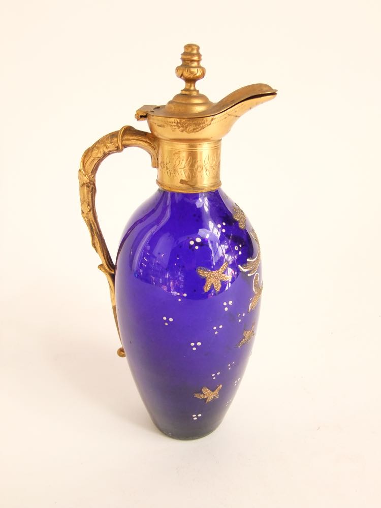 19th century blue glass ovoid claret jug with gilt metal spout and handle and further gilt - Image 2 of 3