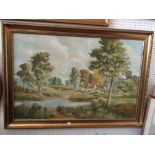 A 20th century oil painting on canvas of an extensive landscape with red roofed farm buildings,