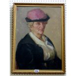 A 20th century oil painting on board, waist length portrait of a lady in pink and black hat,