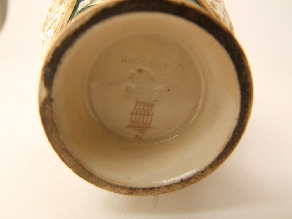 An early 20th century Hungarian Zsolnay Pecs bottle shaped vase with moulded and painted scrolling - Image 3 of 3