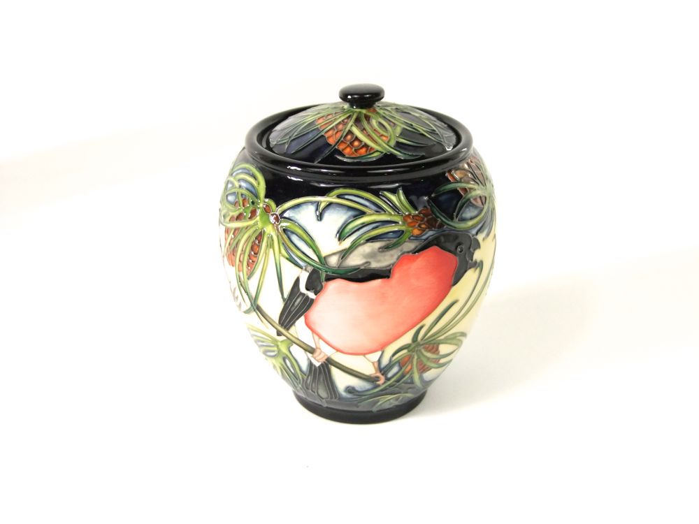 A boxed Moorcroft limited edition vase and cover in the Bullfinch Blues pattern 401/5 designed by