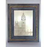 Bid Ben picture clock, engraved silvered plate with three train movement and 4cm dial, framed
