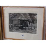 A grisaille study of a rustic timber barn, signed bottom right Geo Cooper, with label verso George