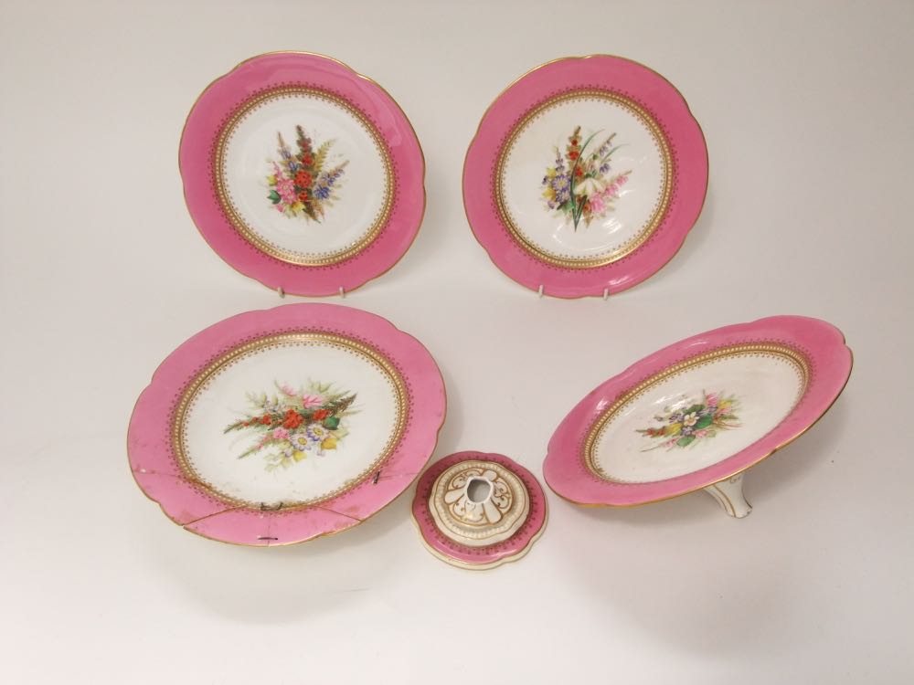 A collection of 19th century Royal Worcester pink bordered dessert wares with painted floral and - Image 2 of 2