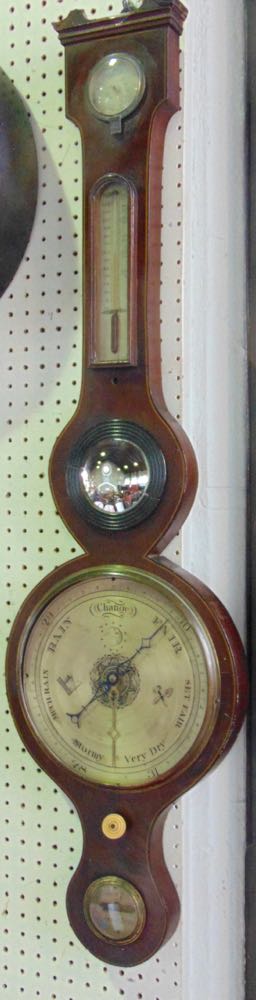Mahogany aneroid barometer thermometer by J Di Marco of Taunton, with silvered dials and boxwood