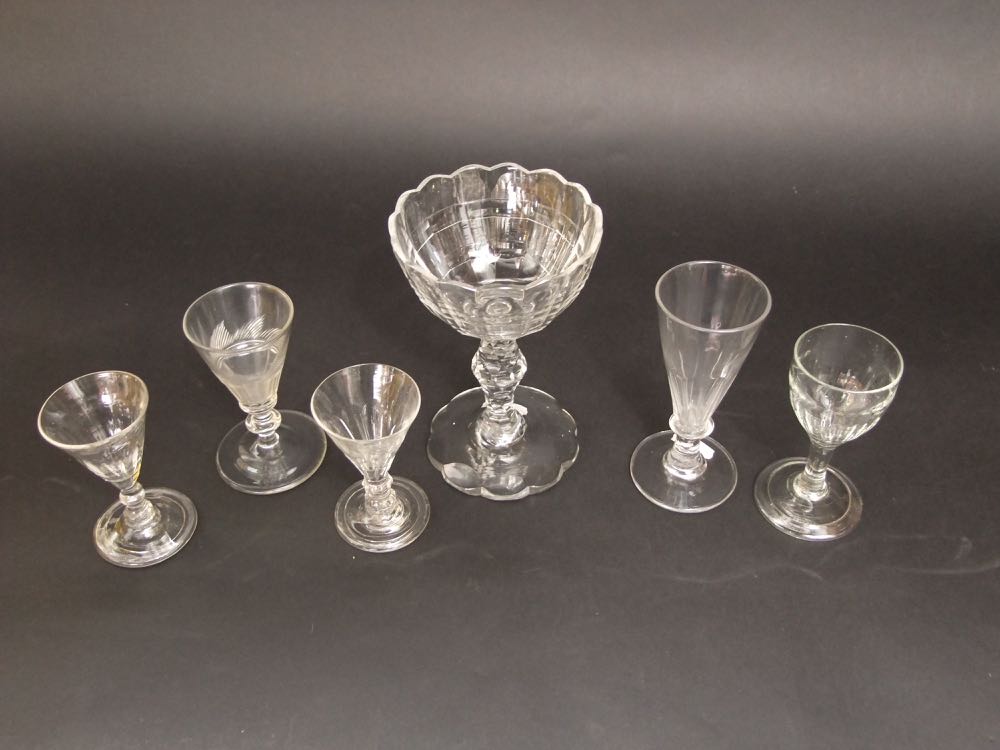 A mixed glass lot to include three antique cordial glasses together with two other examples and a
