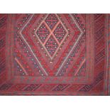 Tribal Gazak rug, with blue and red relief decoration upon a blue ground, 130 x 114cm