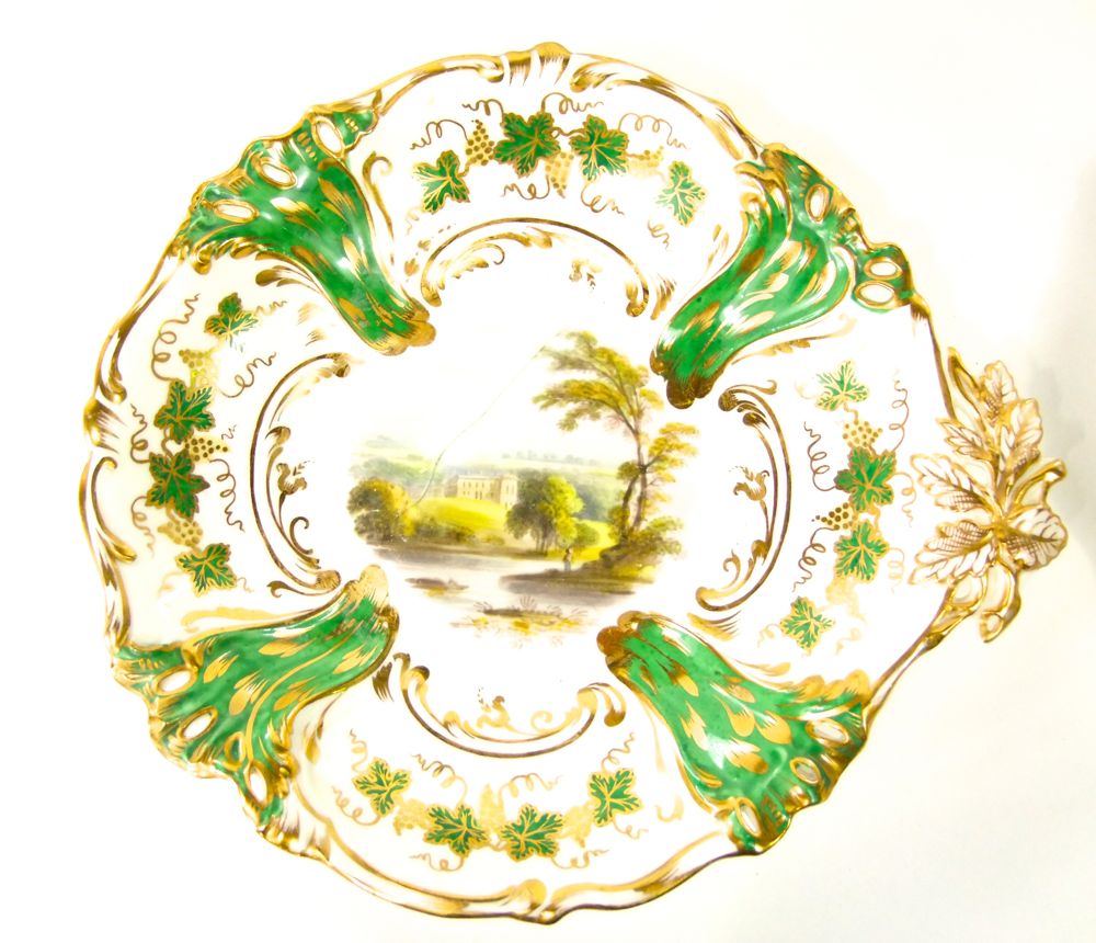 A good quality 19th century dessert service with central painted landscape panels within green and - Image 2 of 6