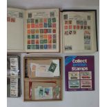 Three stamp albums containing a quantity of mainly worldwide stamps, boxes and envelopes