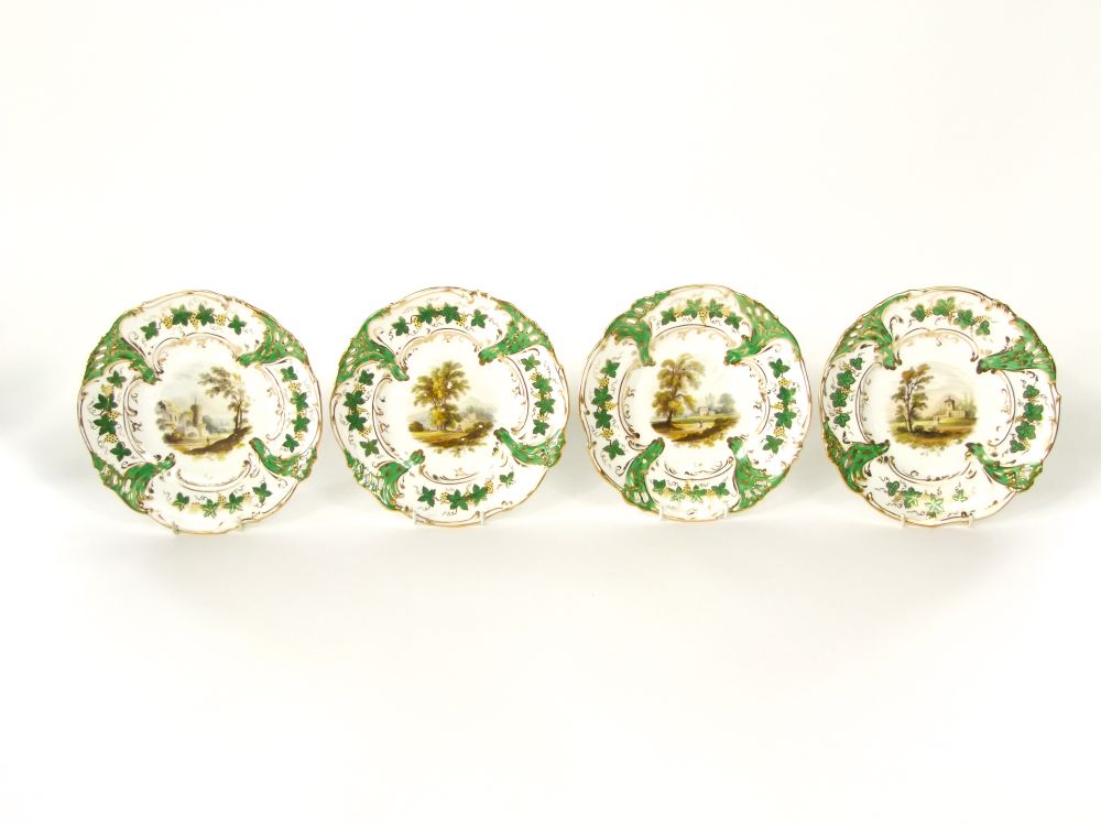 A good quality 19th century dessert service with central painted landscape panels within green and - Image 6 of 6