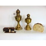 Mixed lot to include two brass oil lamps, a cased set of vintage domino's and eccentric Indian