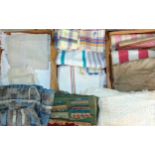 Three boxes of various vintage textiles, table linen and lace, together with a pleated and