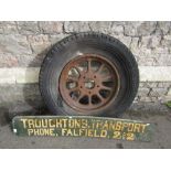 A vintage painted wooden lorry advertising sign for Troughton's Transport, phone Falfield 212,