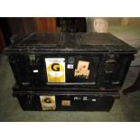 Two steel travelling trunks with travel stickers, 70cm wide max