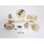 An ivory trinket box with engraved elephant detail, three wise monkeys, notebook, etc
