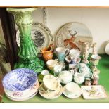 A collection of ceramics including a pair of continental relief moulded chargers with deer