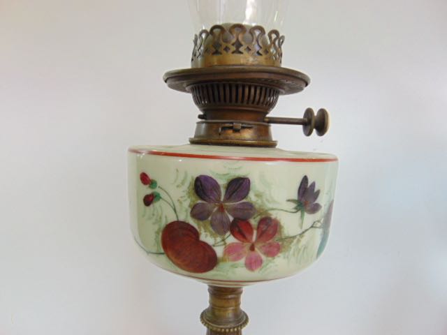 A Victorian brass and opaline glass oil lamp with opaque glass shade with floral overlay, 50 cm high - Image 3 of 3