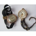 Two vintage 9ct rose gold lug watch head upon primitive straps (2) (AF)