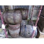 Five weathered oak and steel banded barrels, each approx 20 inches tall