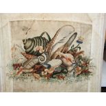 A pair of 19th century paintings on cream velvet panels, one showing a group of shells and coral,