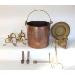 Mixed metalware lot to include a riveted copper log bin, cast brass fox head, fire dogs, etc