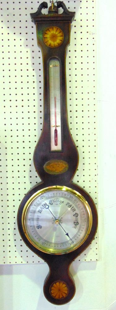 A mahogany and box wood inlaid aneroid barometer thermometer, by D K Murray or Winchester, with