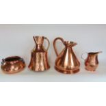 One gallon copper jug together with three planished eastern copper pieces (4).