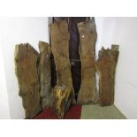 Eight rough cut/sawn planks of yew (varying lengths), together with a further yew wood stump, the