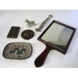 19th century mahogany backed mirror, small brass abacus, etc