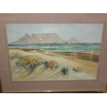 A watercolour by Harry Lea showing a South African coastal landscape including Cable Bay and Cable