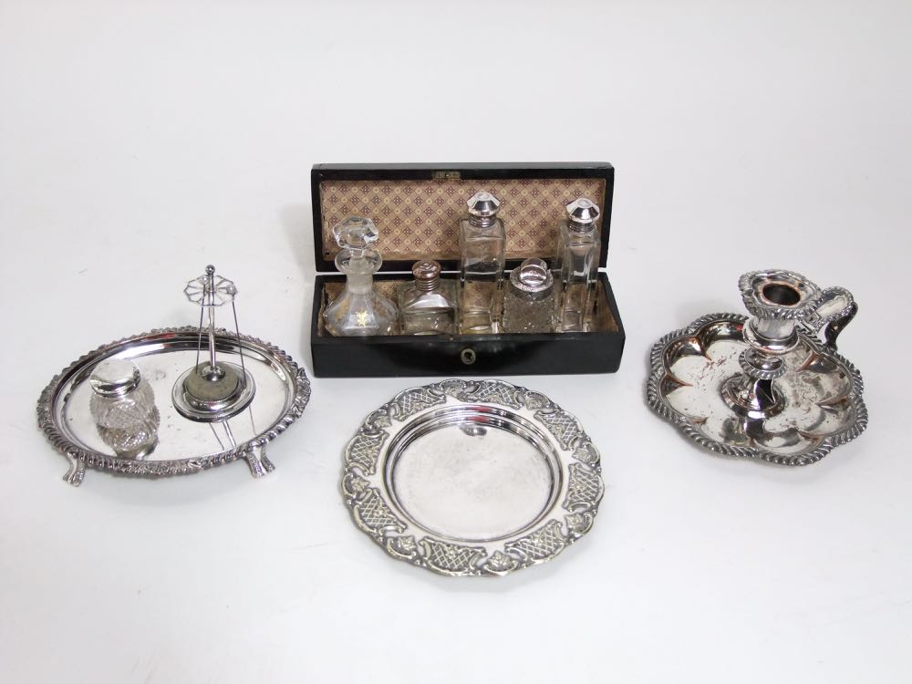 Mixed silver plate and glass lot to include various scent bottles, hat pin stand, Victorian