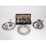 Mixed silver plate and glass lot to include various scent bottles, hat pin stand, Victorian