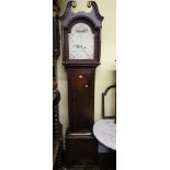 A Georgian oak long case clock, the trunk enclosed by a moulded arched door beneath a square hood