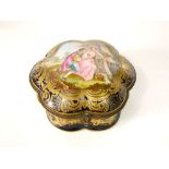 A 19th century French box and hinged cover of shaped circular form in the Sevres manner with painted