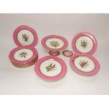 A collection of 19th century Royal Worcester pink bordered dessert wares with painted floral and