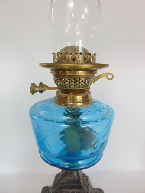 A Victorian brass and opaline glass oil lamp with opaque glass shade with floral overlay, 50 cm high - Image 2 of 3