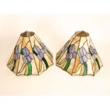 A pair of faceted leaded glass light shades in the manner of Tiffany, each panel decorated with iris