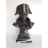 Cast bronze bust study of Napoleon, upon a wasted square plinth, initialled with the letter N