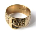 A 9ct gold gentleman's ring, of belt and buckle design with engraved decoration, size Y, 9g