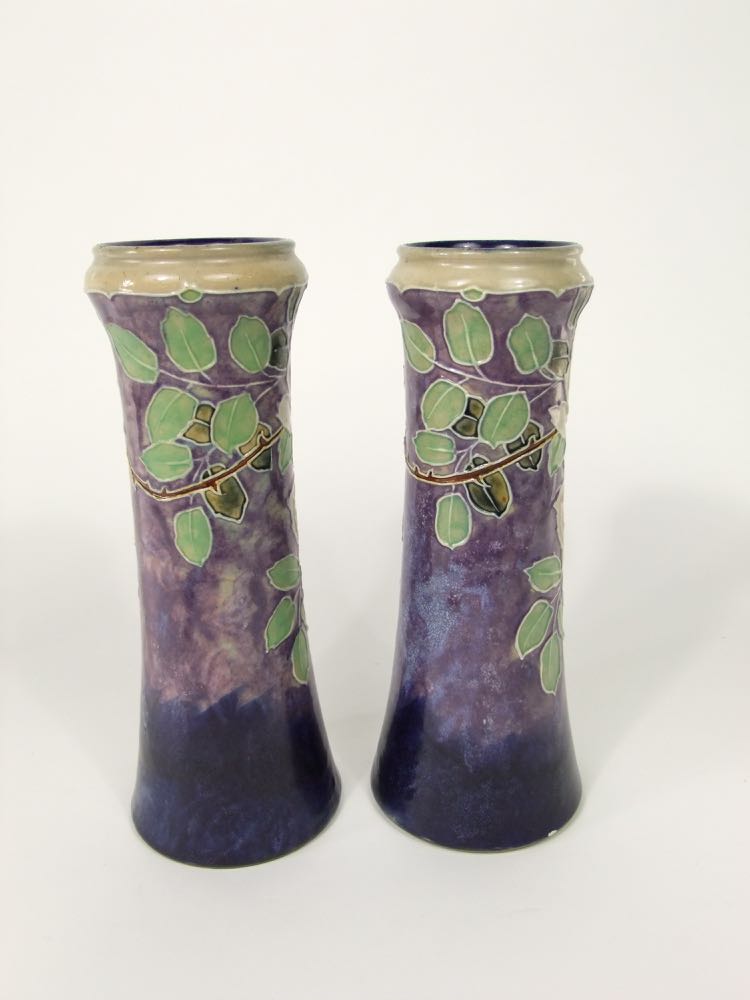 A pair of tall Royal Doulton vases of tapering form with moulded and painted rose and leaf - Image 3 of 4