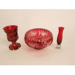 Interesting Cranberry glass dimpled chalice, etched with various northern europe landmarks; together