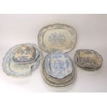 A quantity of 19th century blue and white painted asiatic pheasant pattern dinnerwares including