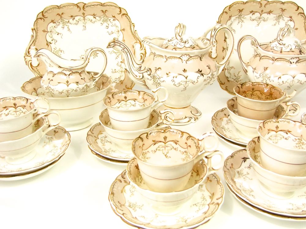 A collection of mid 19th century tea wares with gilded fruiting vine detail comprising tea pot, - Image 2 of 4
