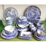 A quantity of Spode Italian pattern blue and white printed wares including a cake stand, circular