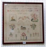 A 19th century needlework sampler dated 1863 and with monogram W K, incorporating a lion, a stag,