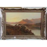 A 19th century oil painting on canvas of a mountainous Highland lake scene, at sunset, signed bottom