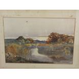 An early 20th century watercolour by Cyril Ward of an extensive river landscape with figures, signed