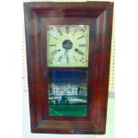 American mahognay drop dial ogee wall clock, the square painted two train dial with open