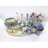 A collection of mainly 19th century ceramics including a Staffordshire spill vase with applied